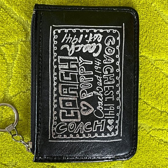 Black Leather COACH Poppy Zipped Wallet Key Ring Card Holder Silver Design EUC - Picture 3 of 6
